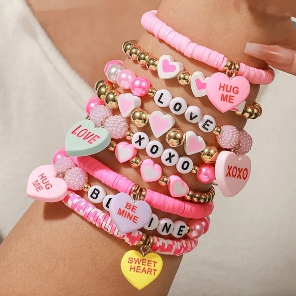 NWT 9pc Pink & Gold Heart Charm Beaded Bracelet Stack | Boho Y2K Aesthetic
